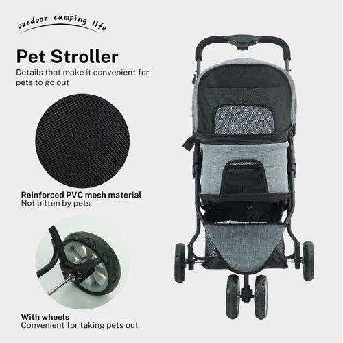 Oxford cloth 3-wheel detachable rolling dog stroller, detachable and foldable, spacious luxury pet stroller